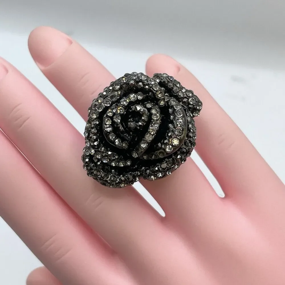 Blackened Metal Rose Shape Heavy Ring Gray Rhinestones Statement Bold Chunky  8